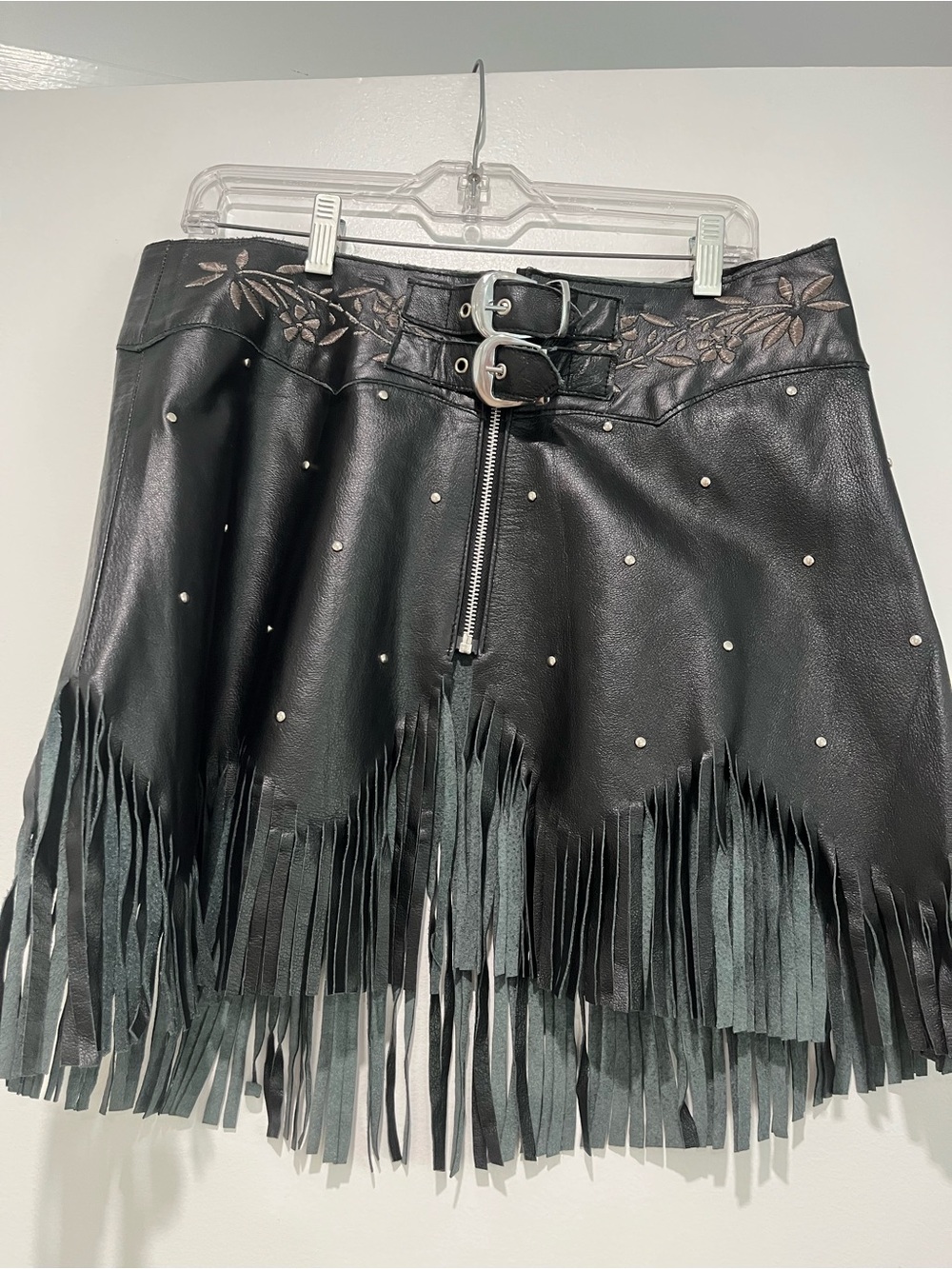 Understated Leather Black Leather Fringe Mini Skirt with Studs and Buckle Waist